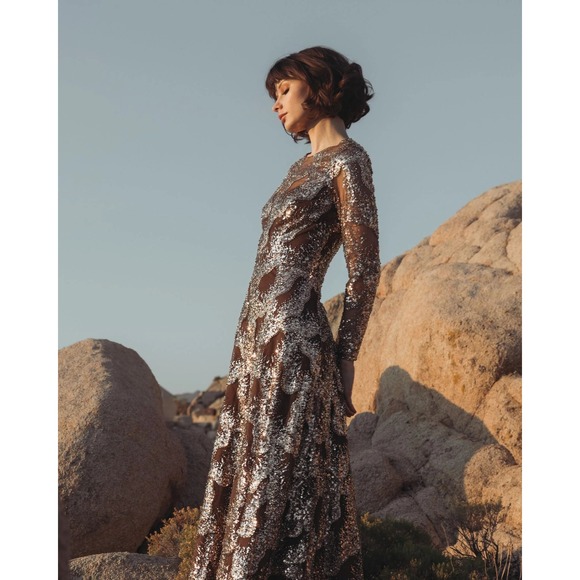 Mac Duggal Brown Embellished Long Sleeve High Neck Evening Gown $698 - Size 12 - Picture 3 of 14